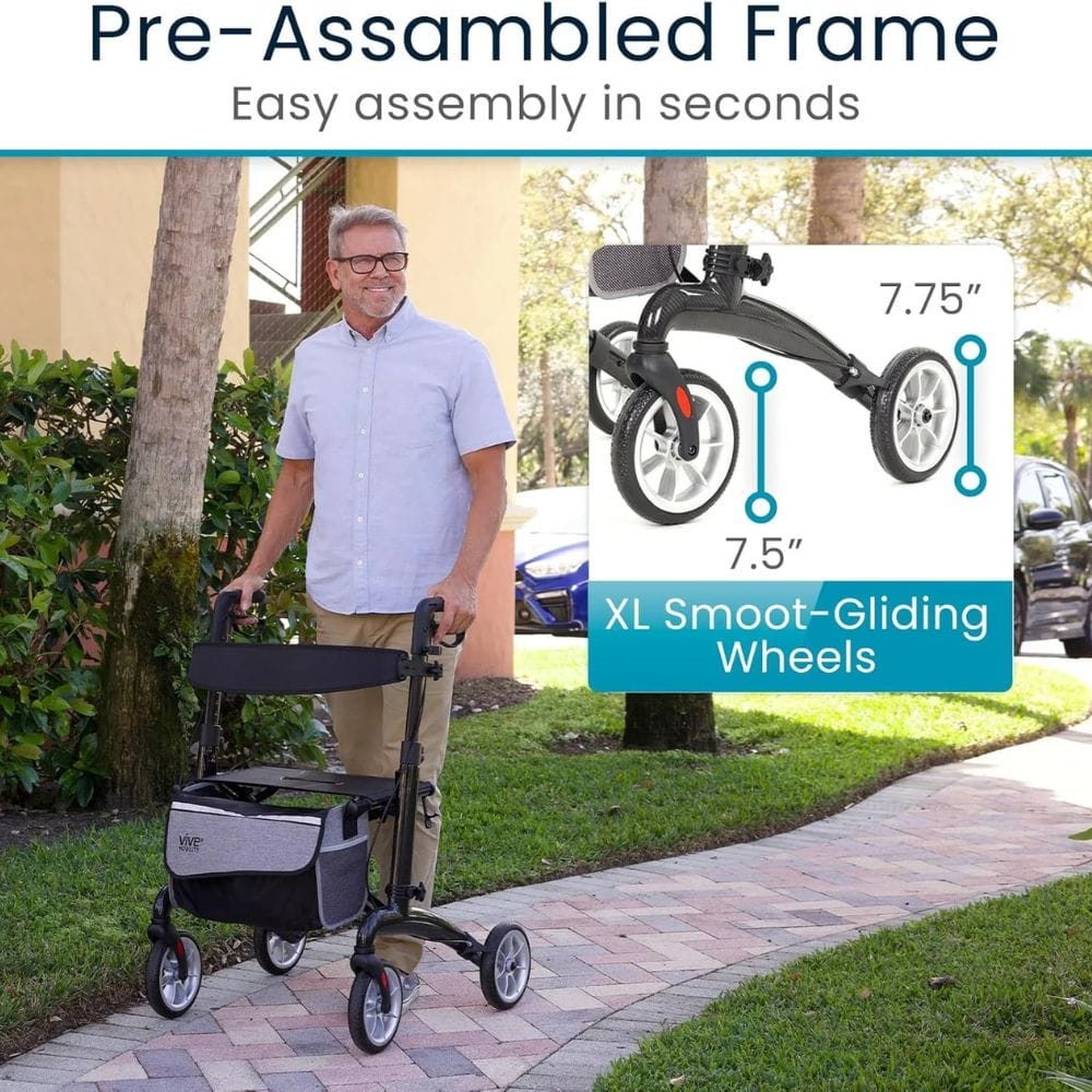Man using a rollator with text highlighting pre-assembled frame and smooth-gliding wheels.