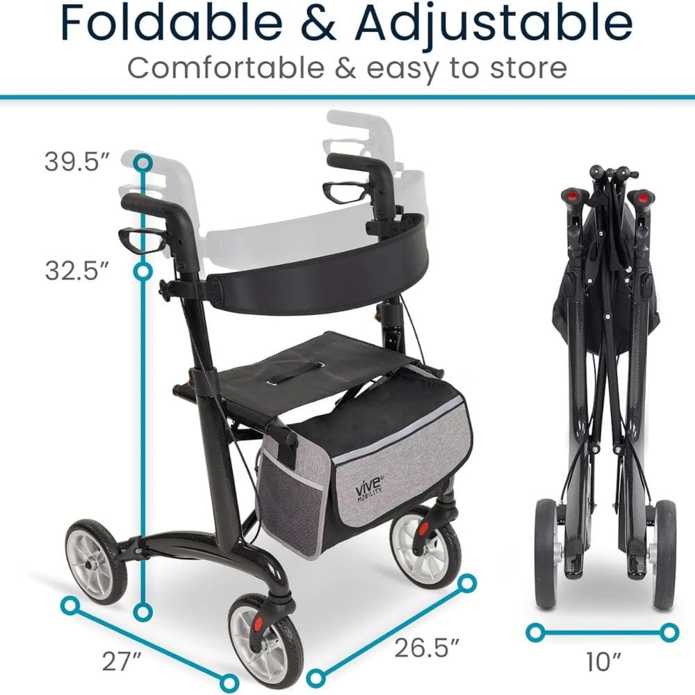 Foldable and adjustable rollator with measurements on a white background