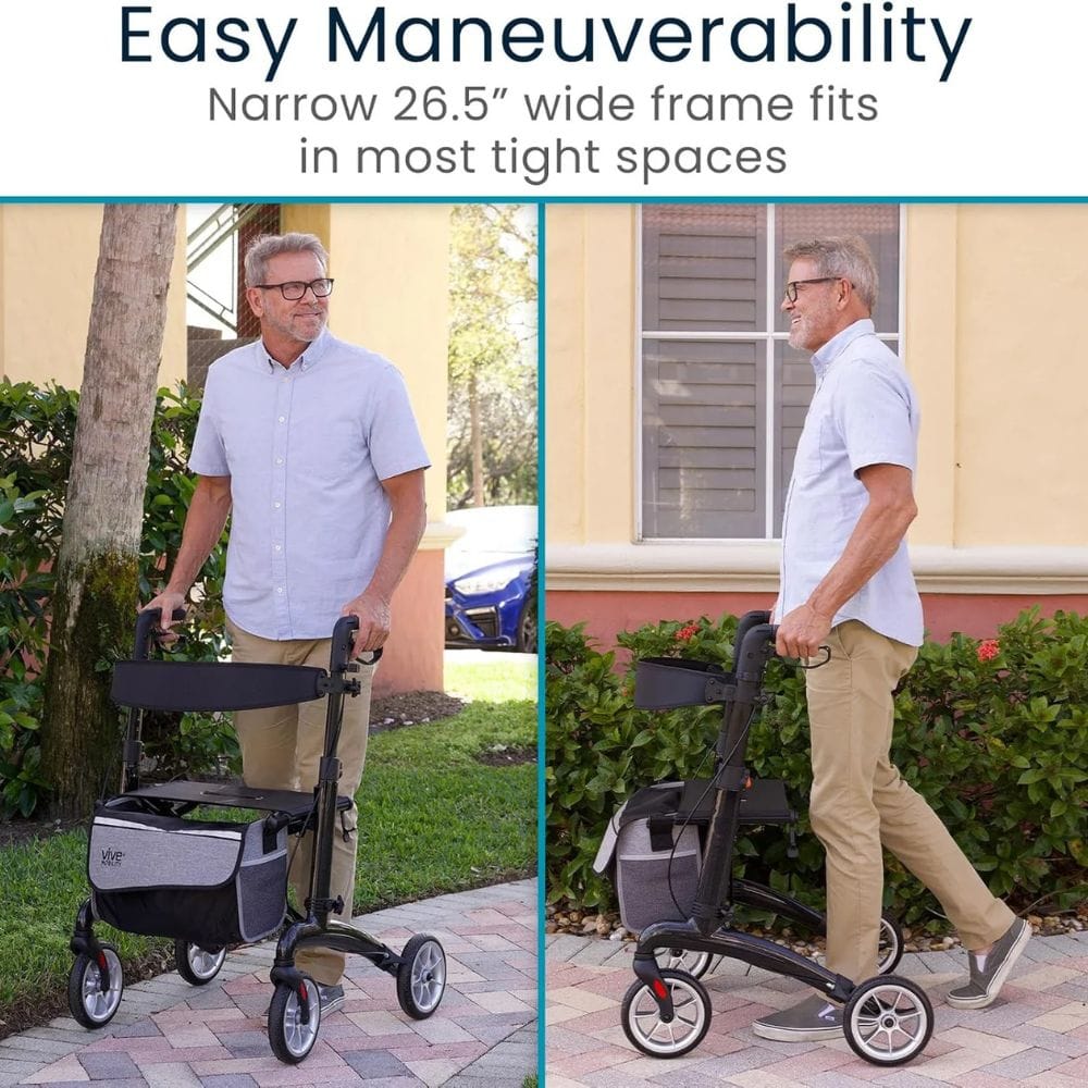 Man using a rollator with text about easy maneuverability and narrow frame width.