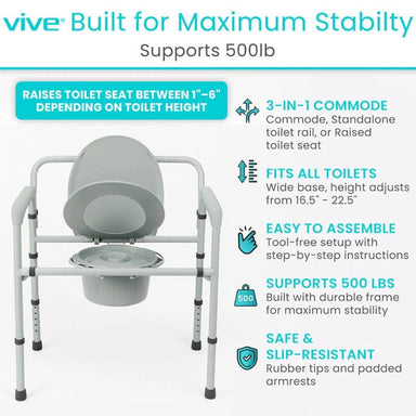 Vive 3-in-1 commode with features listed on a white background