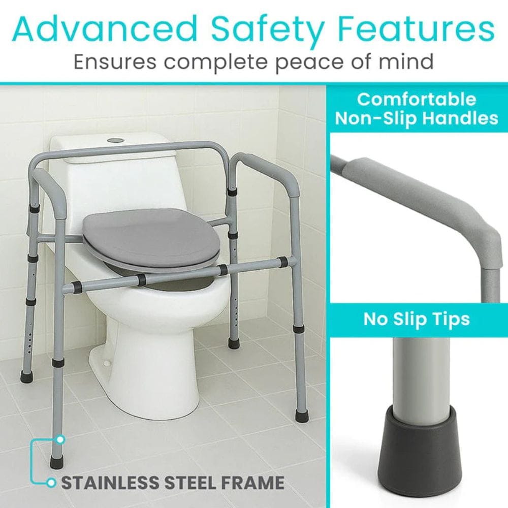 Bathroom safety frame with toilet seat attachment, highlighting features like comfortable non-slip handles and no slip tips.