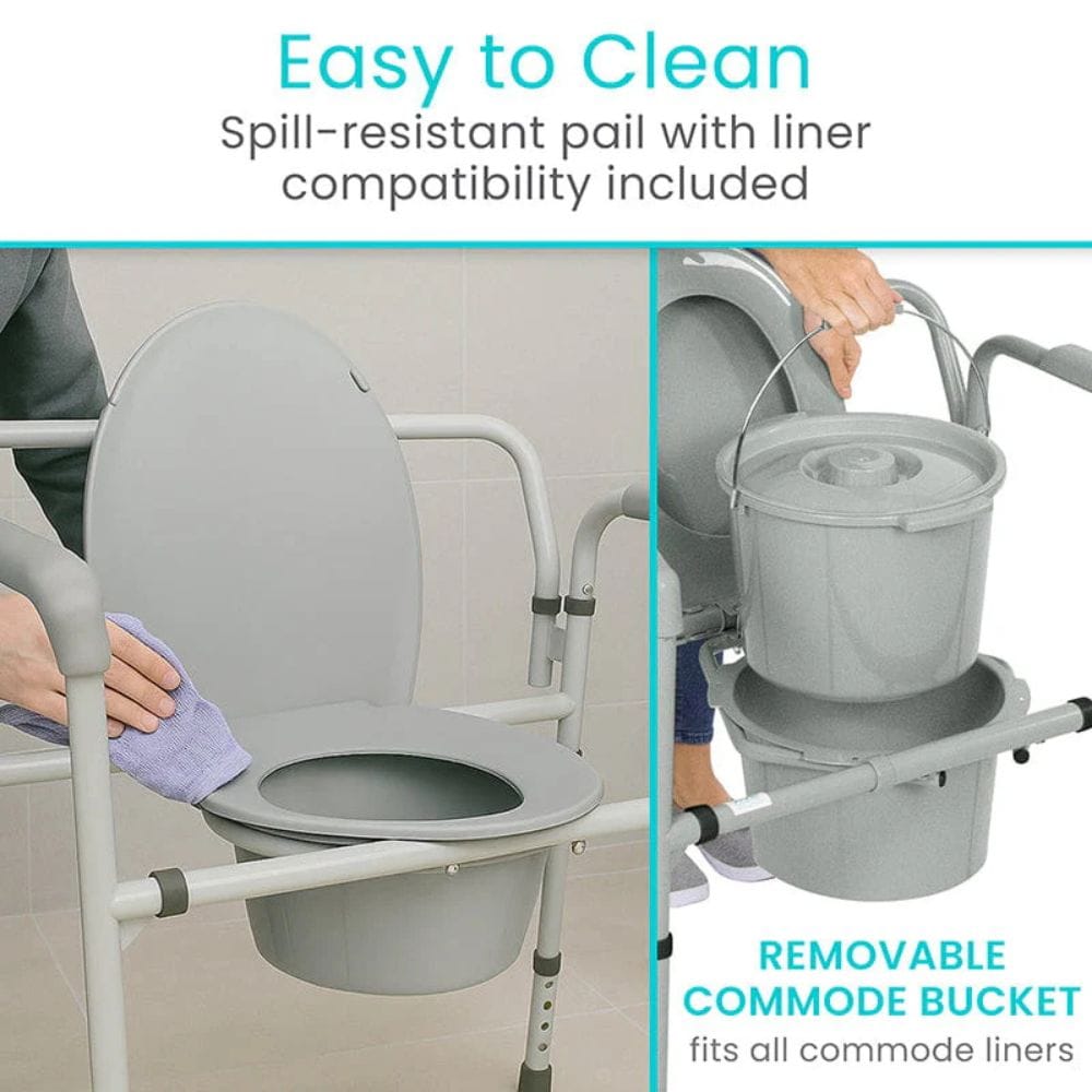 Commode chair with a detachable bucket for cleaning, featuring text about spill-resistant design and liner compatibility.