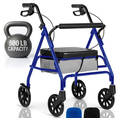 Blue walker with a seat next to a gray kettlebell labeled '500 LB Capacity' on a white background