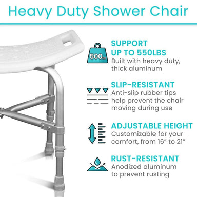 Heavy-duty shower chair with features listed on a white background