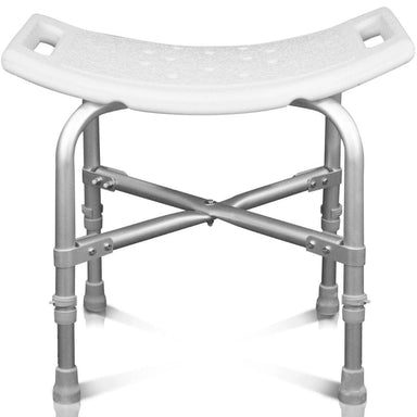 White shower stool with metal frame on a white background