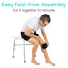 Person using a knee brace with text about easy tool-free assembly on a white background