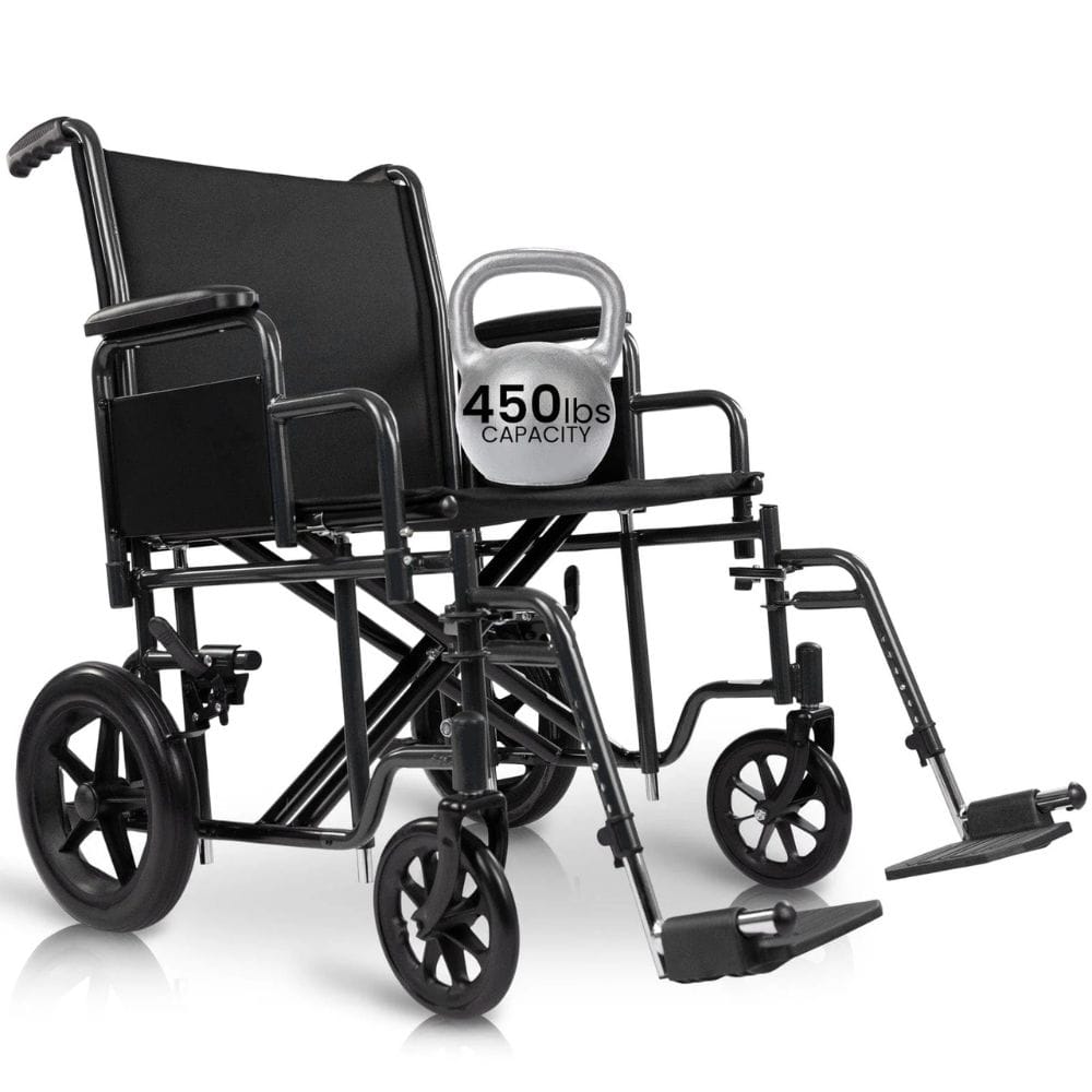 Black wheelchair with a 450 lbs capacity label on a white background