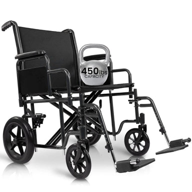 Black wheelchair with a 450 lbs capacity label on a white background
