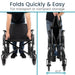 Black folding wheelchair being shown in two stages: unfolded and folded, with text indicating ease of folding.