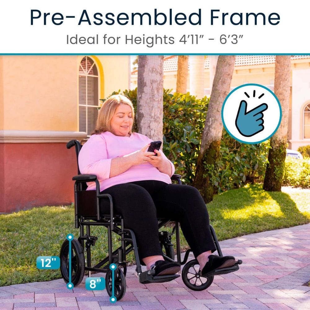 Woman using a smartphone while sitting in a wheelchair on a sidewalk with text about pre-assembled frame suitability.