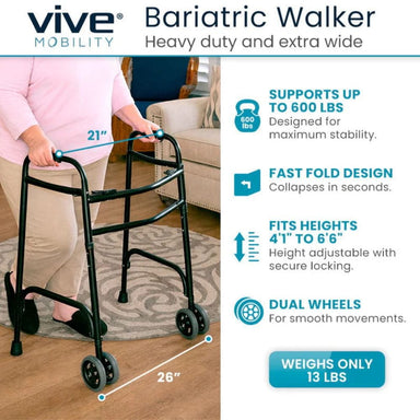 Vive Mobility bariatric walker with features listed on a white background