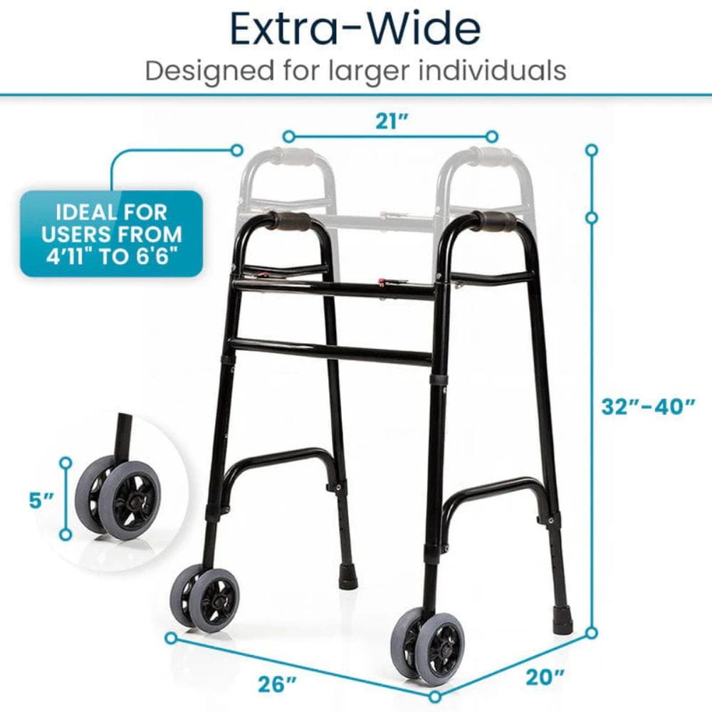 Black walker with measurements and text indicating it's extra-wide and ideal for larger individuals.