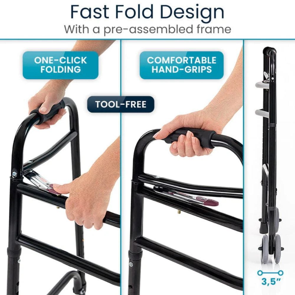 Black walker with text highlighting fast fold design, one-click folding, comfortable hand-grips, and tool-free assembly.