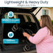 Woman lifting a lightweight and heavy-duty product out of an open car trunk, with text highlighting features.
