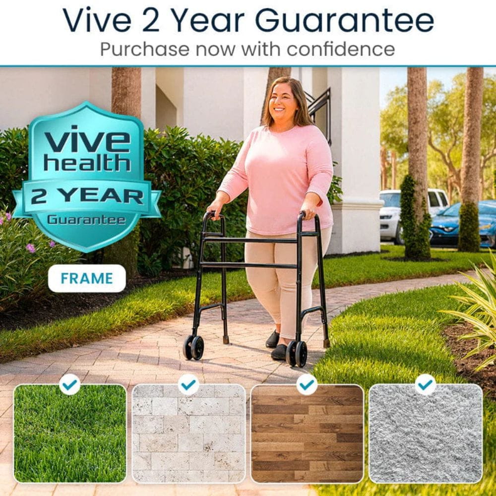Woman using a walker with 'Vive Health' 2-year guarantee promotion.