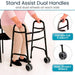Walker with stand assist, dual handles, and wheels on a white background