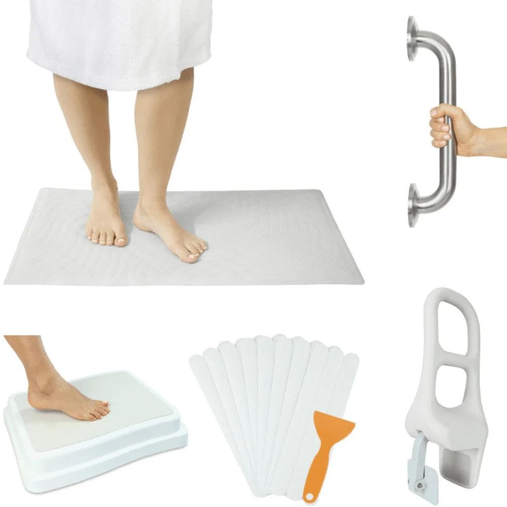 Collage of bathroom safety products including a bath mat, step stool, grab bar, and shower chair.