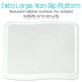 White bath mat with text highlighting its features on a white background