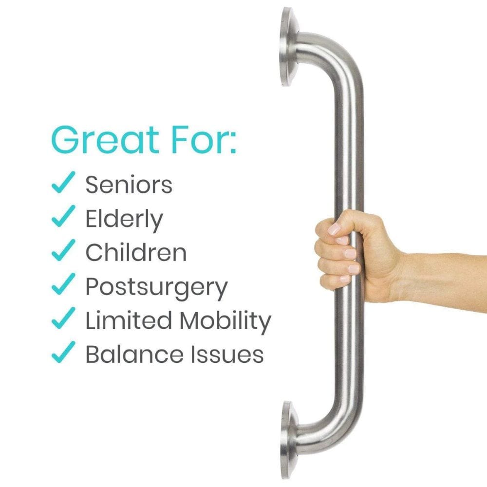 Hand holding a stainless steel grab bar with a list of uses on a white background
