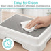 Hand cleaning a gray surface with text 'Easy to Clean' and 'Wipe-clean surface for effortless maintenance'.