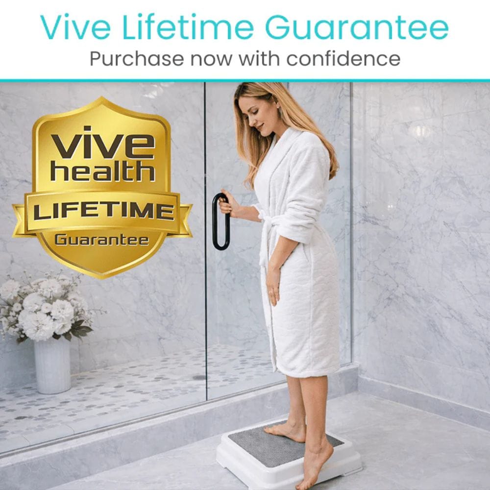 Woman using a step platform with 'Vive Health' branding and lifetime guarantee promise.