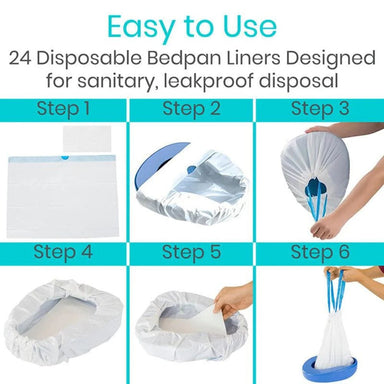 Step-by-step guide on how to use 24 disposable bedpan liners for sanitary, leakproof disposal.