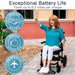 Woman using a mobility scooter with text about battery life and approvals.