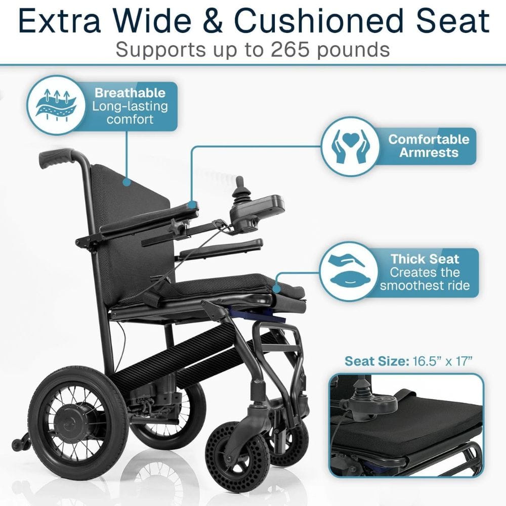 Black electric wheelchair with features highlighted on a white background