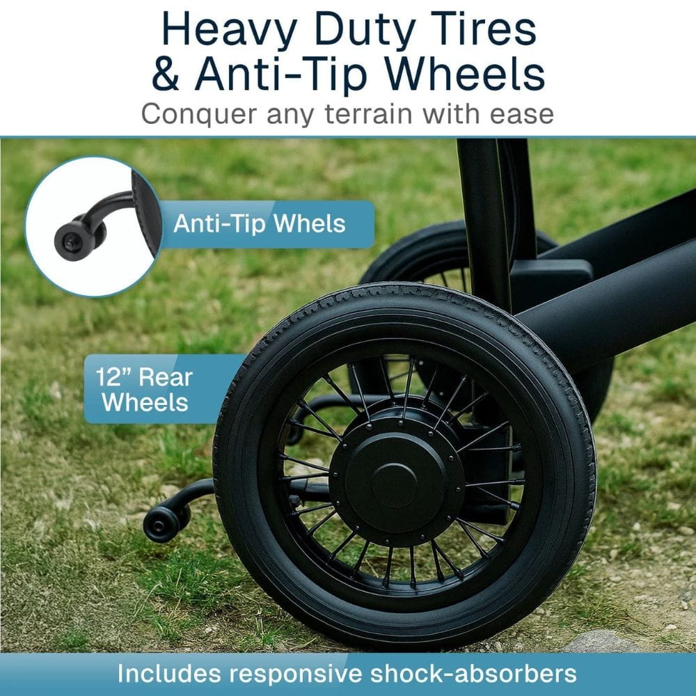 Close-up of a wheel with anti-tip wheels and heavy-duty tires on a grassy background.