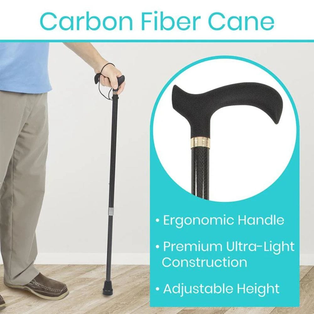 Carbon fiber cane with ergonomic handle and adjustable height, held by a person.