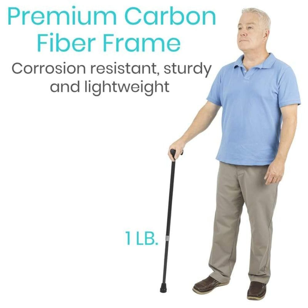 Man holding a black walking cane with text about a premium carbon fiber frame on a white background