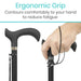 Ergonomic walking cane with hand holding it, text about ergonomic grip.