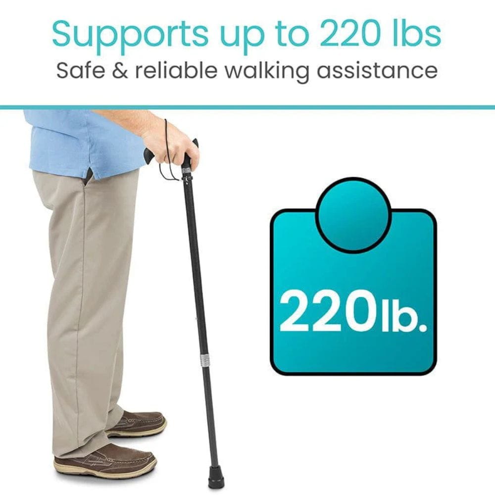 Person using a walking cane with text indicating weight support and reliability on a white background