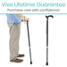 Person holding a walking cane with 'Vive Lifetime Guarantee' text on a white background