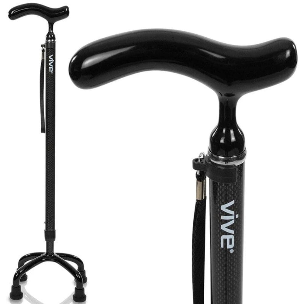 Black walking cane with adjustable base on a white background