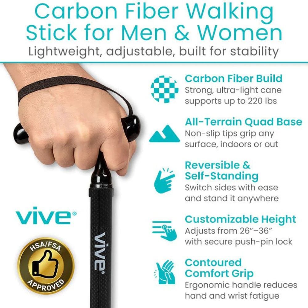 Carbon fiber walking stick for men and women with Vive branding and features listed.