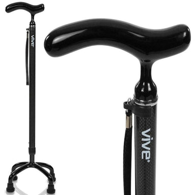 Black walking cane with adjustable base on a white background