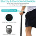 Person holding a walking stick with text about sturdiness, materials, and support capacity.