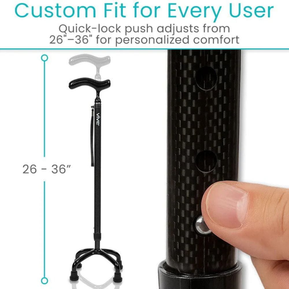 Adjustable walking cane with quick-lock push mechanism and measurement details.