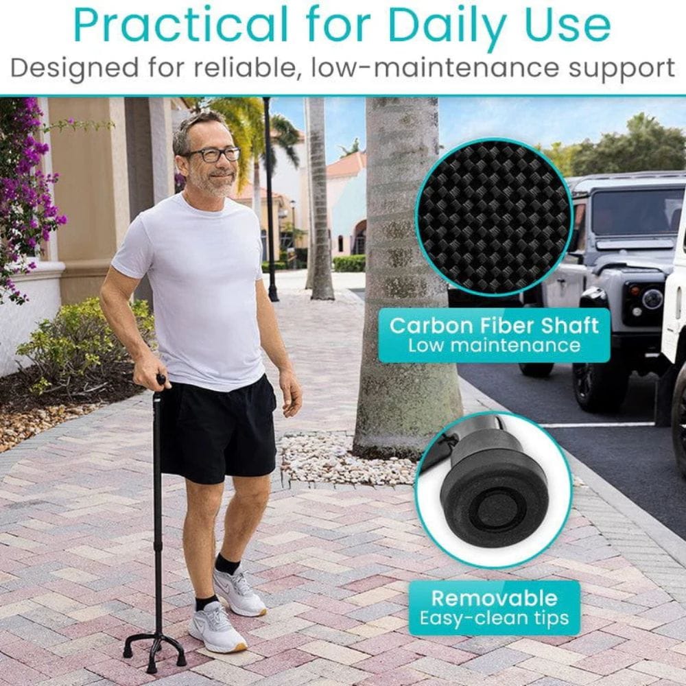 Man holding a walking stick with carbon fiber shaft and removable tips, set against a suburban background.