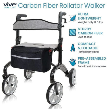 Carbon fiber rollator walker with features listed on a white background