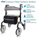 Carbon fiber rollator walker with features listed on a white background
