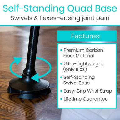 Self-standing quad base with features listed on a wooden surface