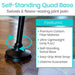 Self-standing quad base with features listed on a wooden surface
