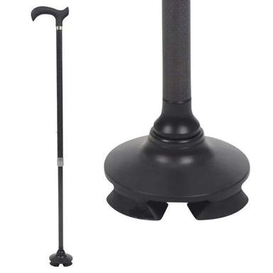 Black walking cane with adjustable base on a white background