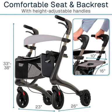 Rollator with height-adjustable seat and backrest, showing dimensions and user interaction.