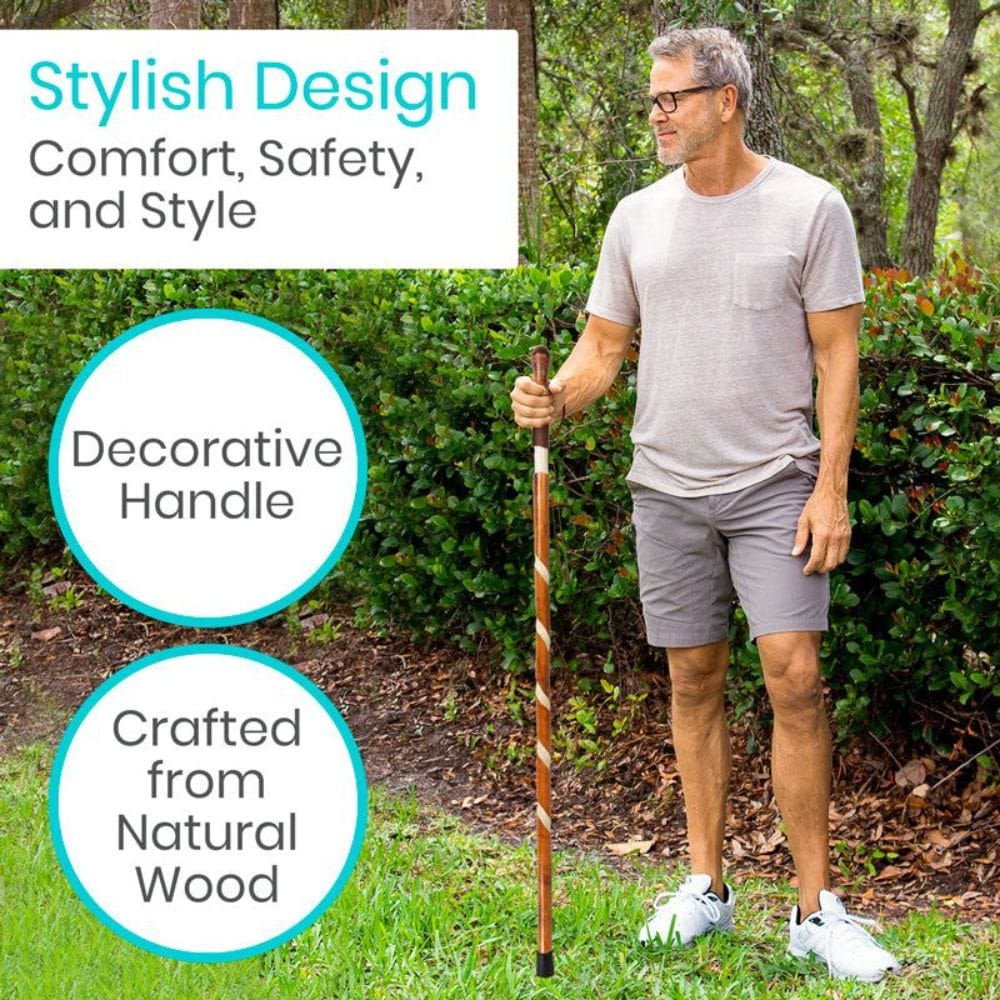 Man holding a walking stick with text highlighting design, comfort, safety, and style.