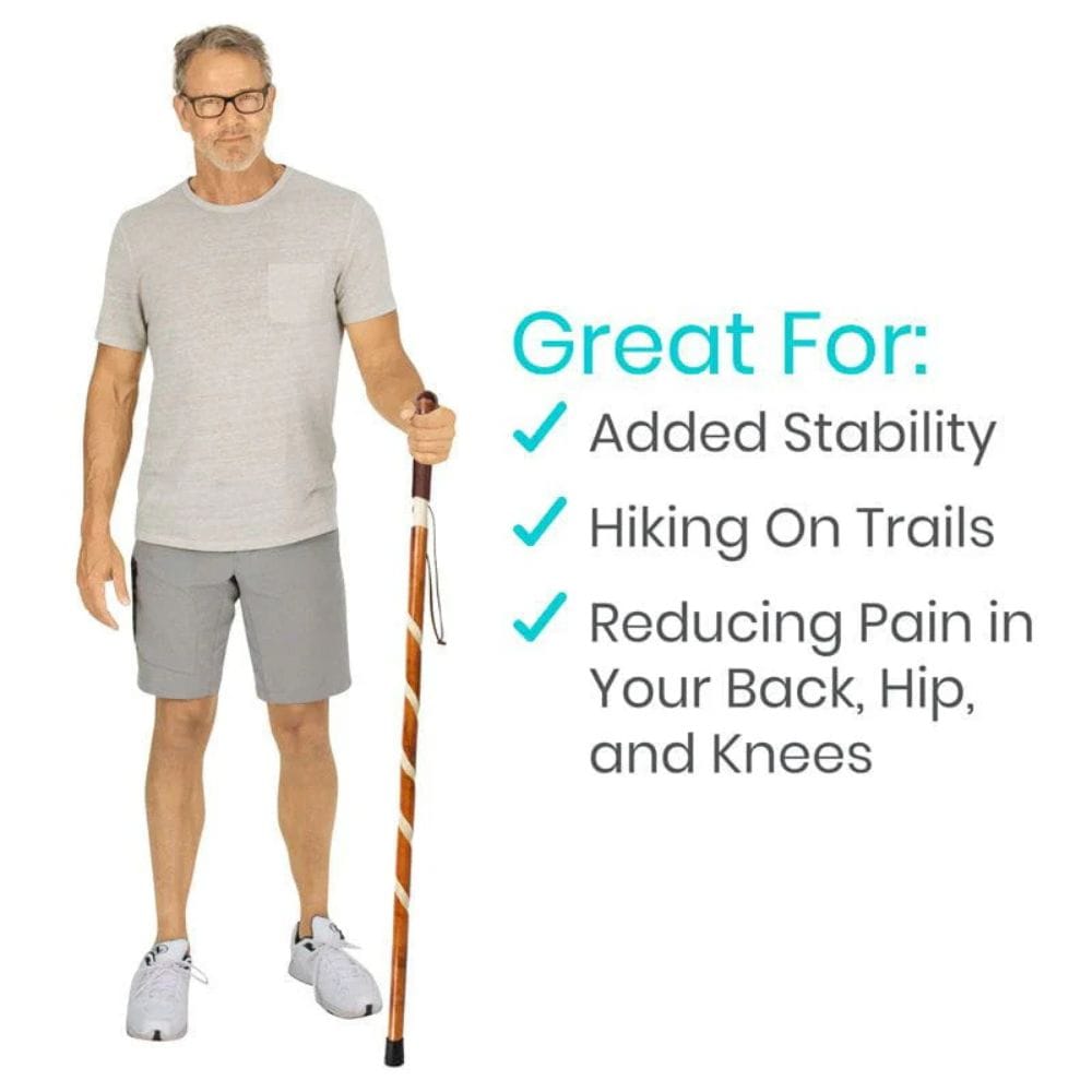 Man holding a walking stick with text highlighting its benefits on a white background