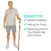 Man holding a walking stick with text highlighting its benefits on a white background
