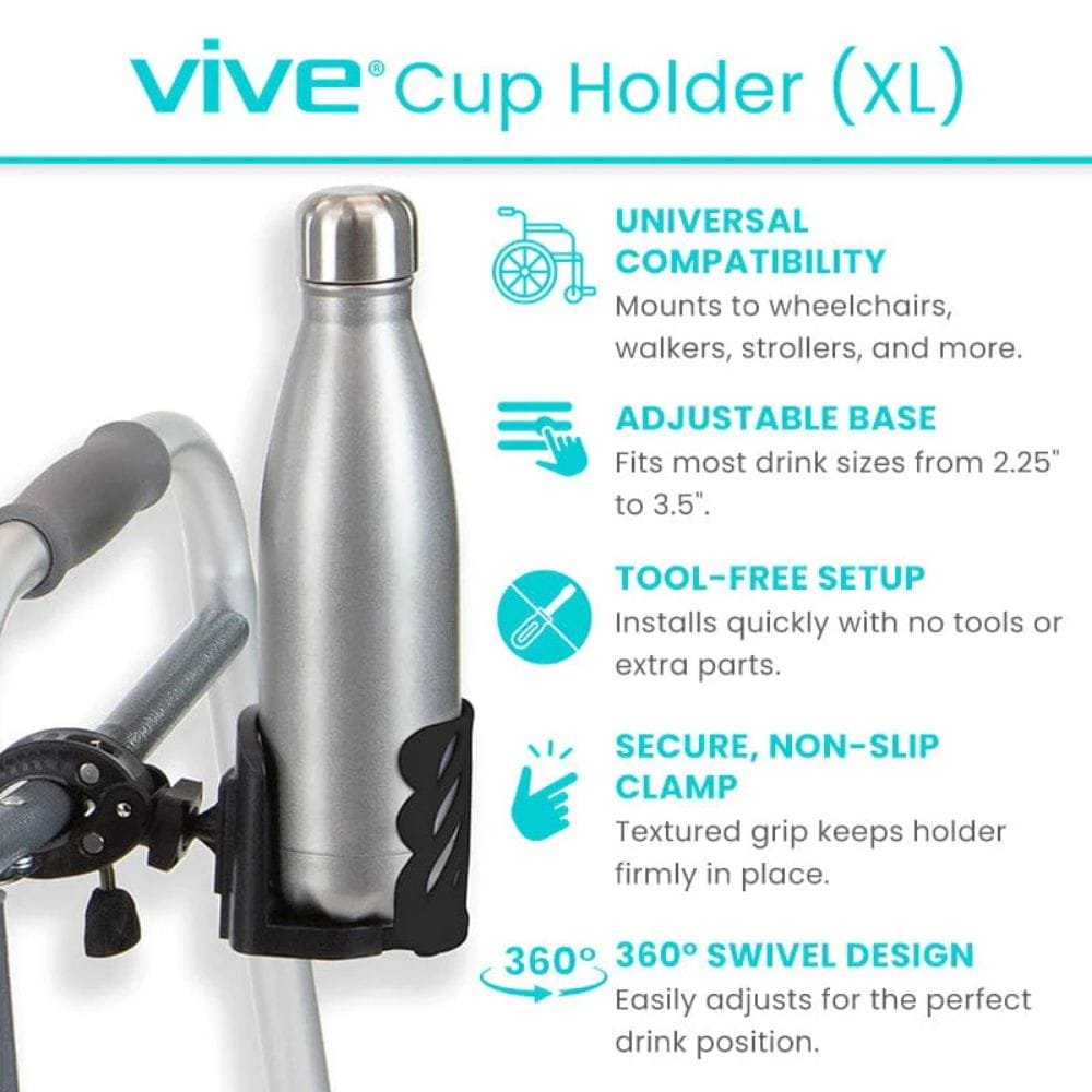 Vive Cup Holder XL with a silver water bottle attached, showing features on a white background.